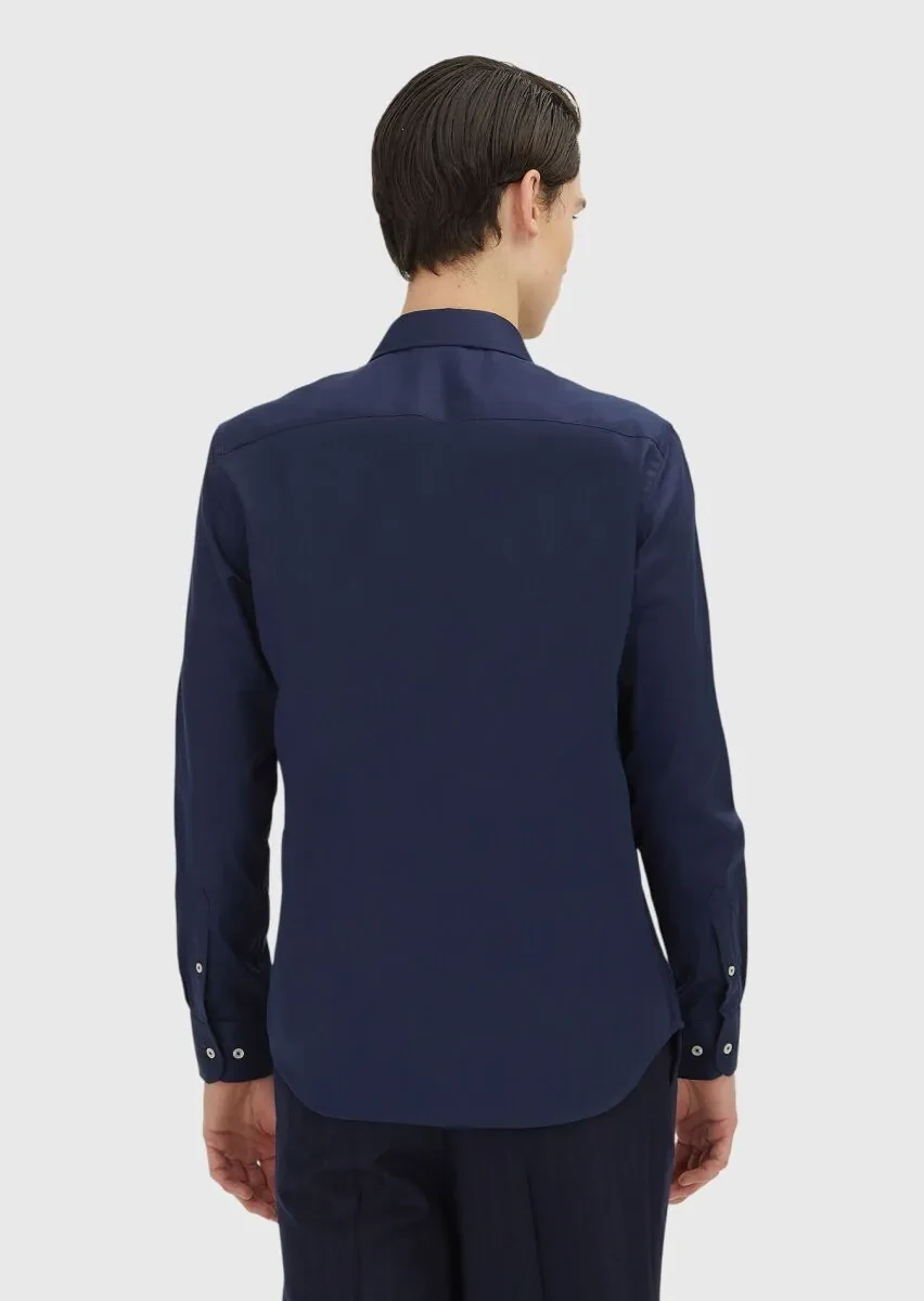 Navy Blue Regular Fit Weaving Classical 100% Cotton Shirt - 5