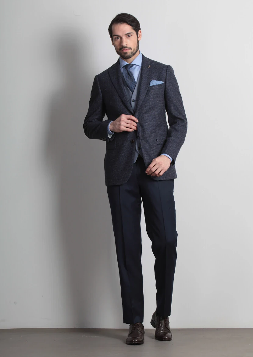 Navy Blue Regular Fit Wool Blended Jacket - 3