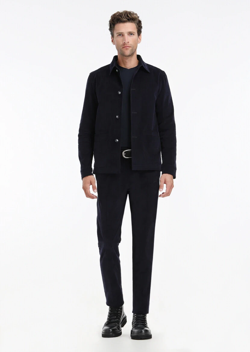 Navy Blue Ribbed Comfort Fit Cotton Blended Suit - 1