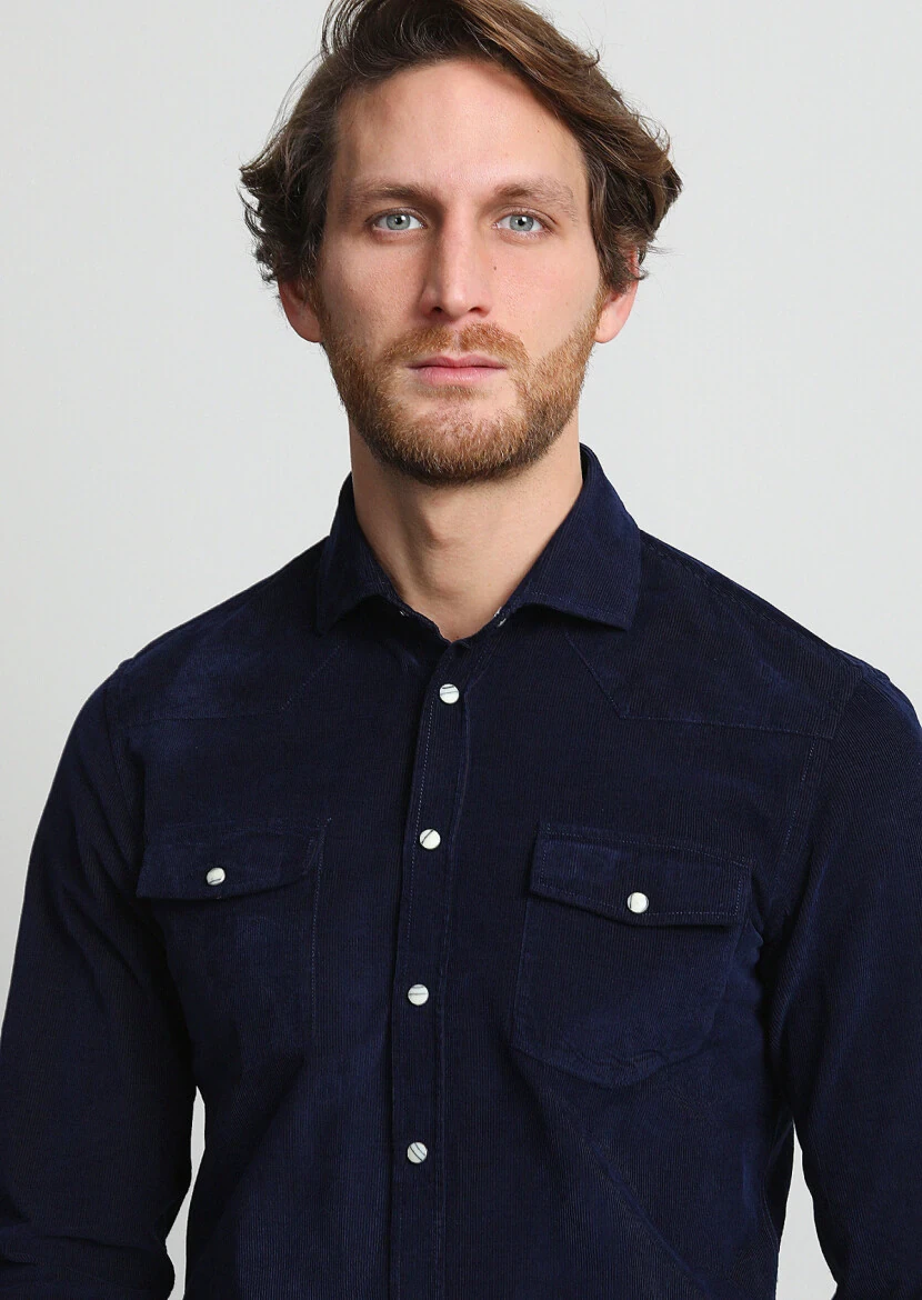 Navy Blue Ribbed Slim Fit Weaving Casual 100% Cotton Shirt - 2