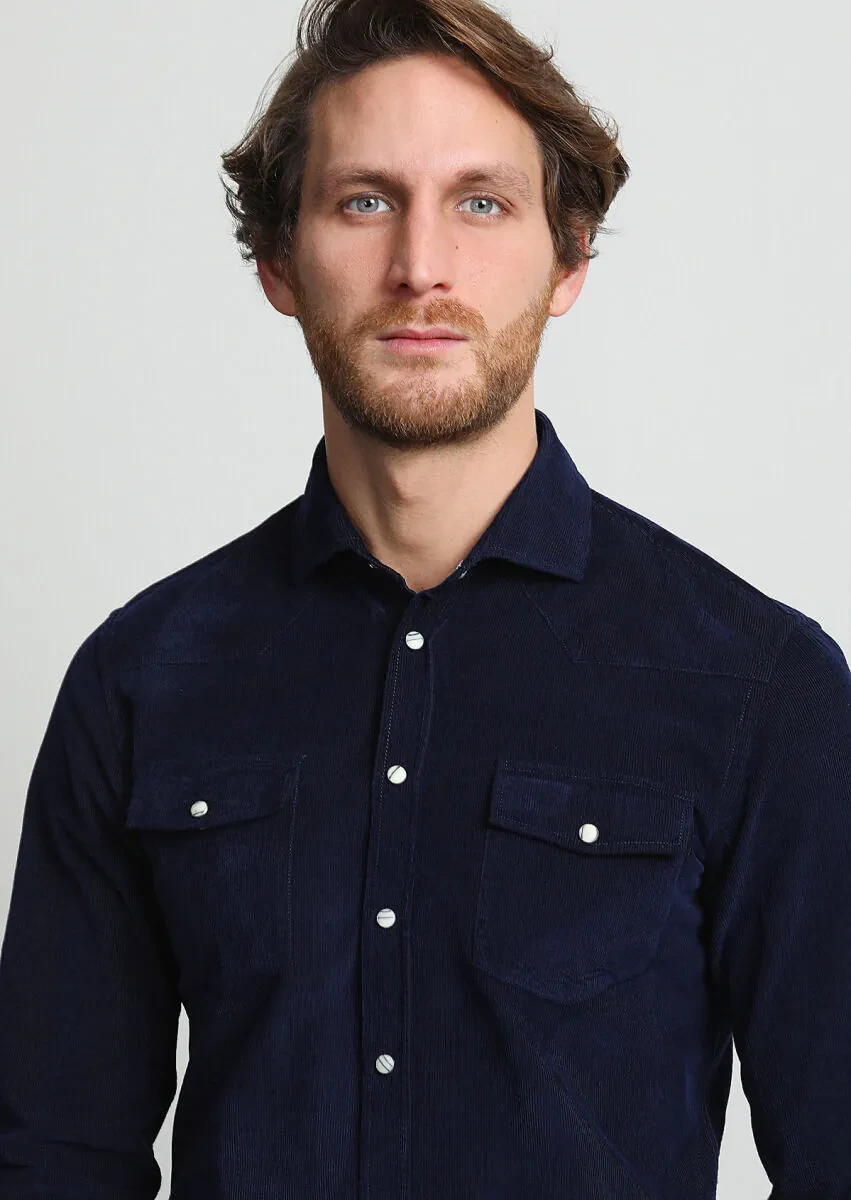 Navy Blue Ribbed Slim Fit Weaving Casual 100% Cotton Shirt - 2