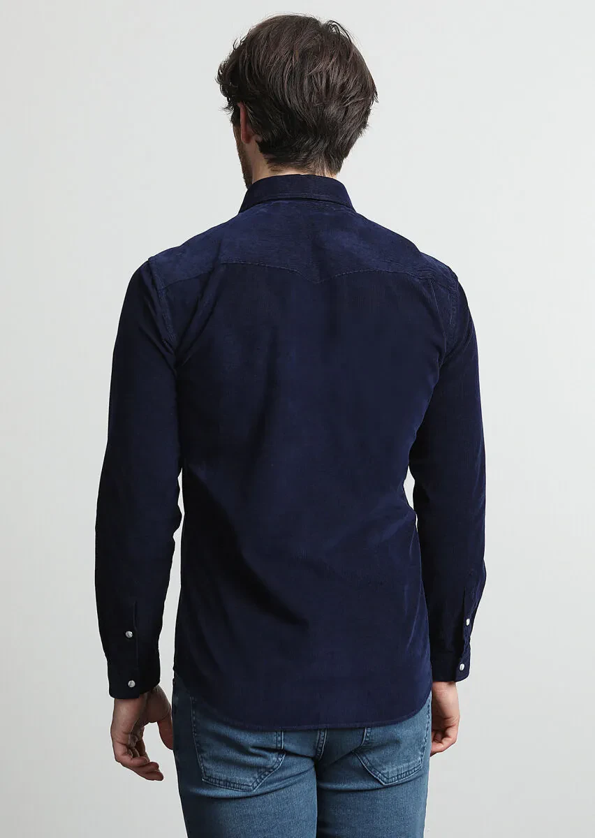 Navy Blue Ribbed Slim Fit Weaving Casual 100% Cotton Shirt - 4