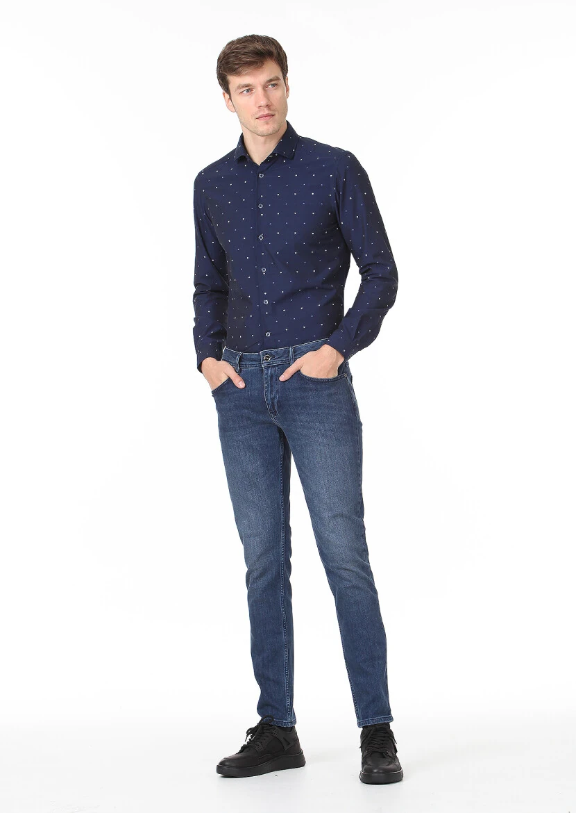 Navy Blue Slim Fit Denim Cotton Blended Trousers - 1