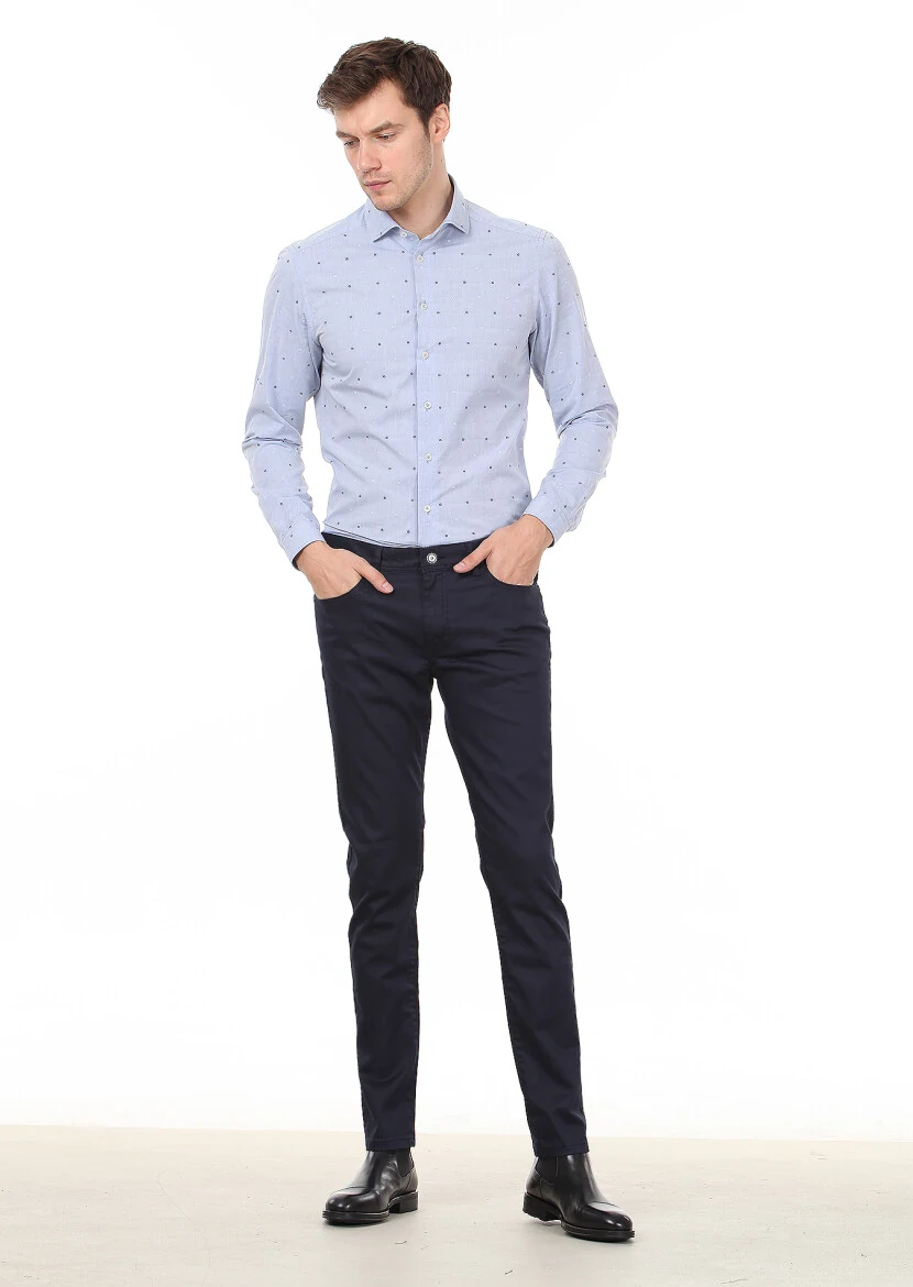 Navy Blue Slim Fit Denim Cotton Blended Trousers - 1
