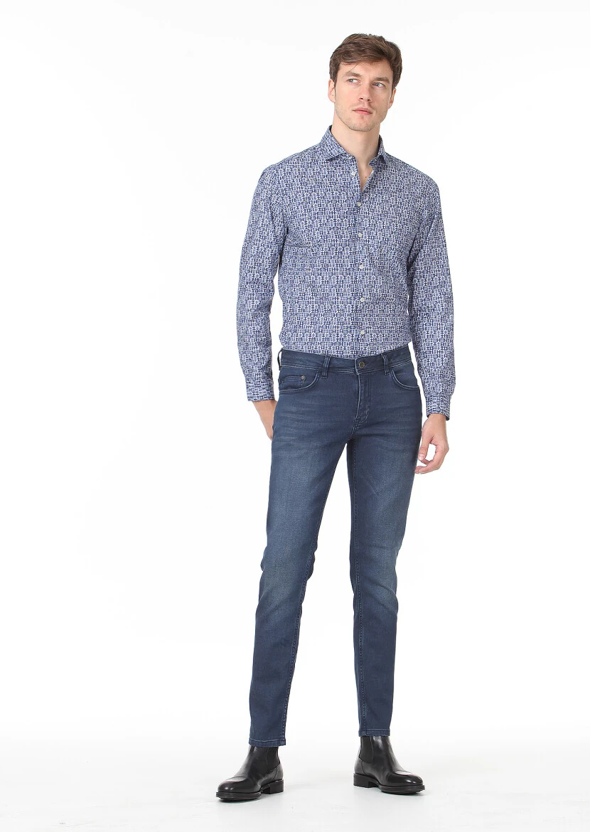 Navy Blue Slim Fit Denim Cotton Blended Trousers - 2