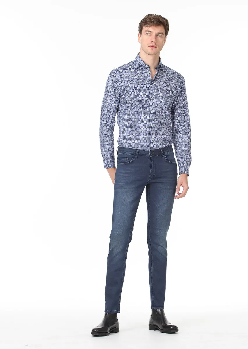 Navy Blue Slim Fit Denim Cotton Blended Trousers - 2