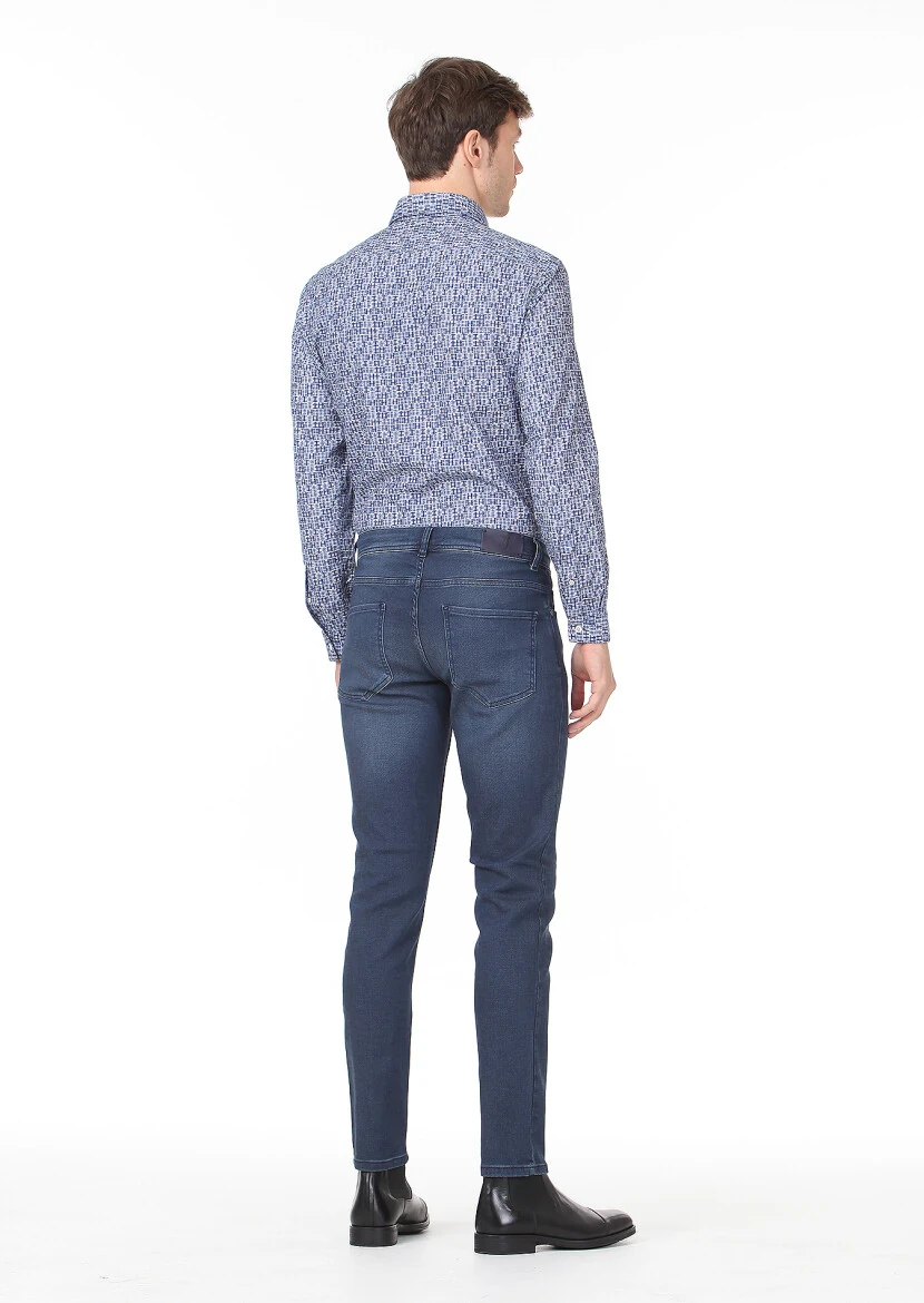 Navy Blue Slim Fit Denim Cotton Blended Trousers - 4