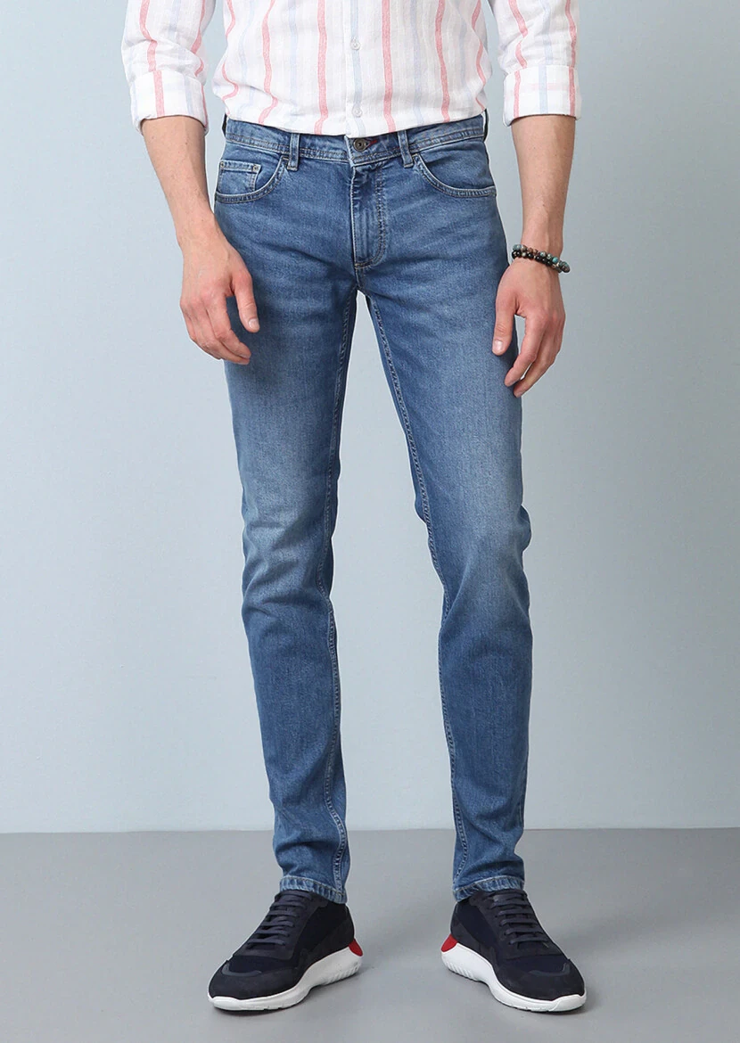 Navy Blue Slim Fit Denim Cotton Blended Trousers - 1