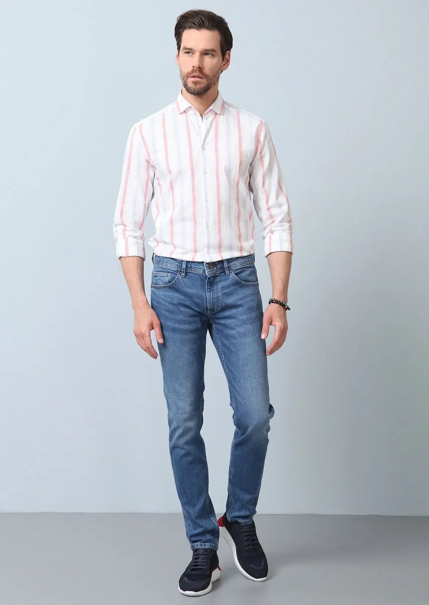 Navy Blue Slim Fit Denim Cotton Blended Trousers - 3