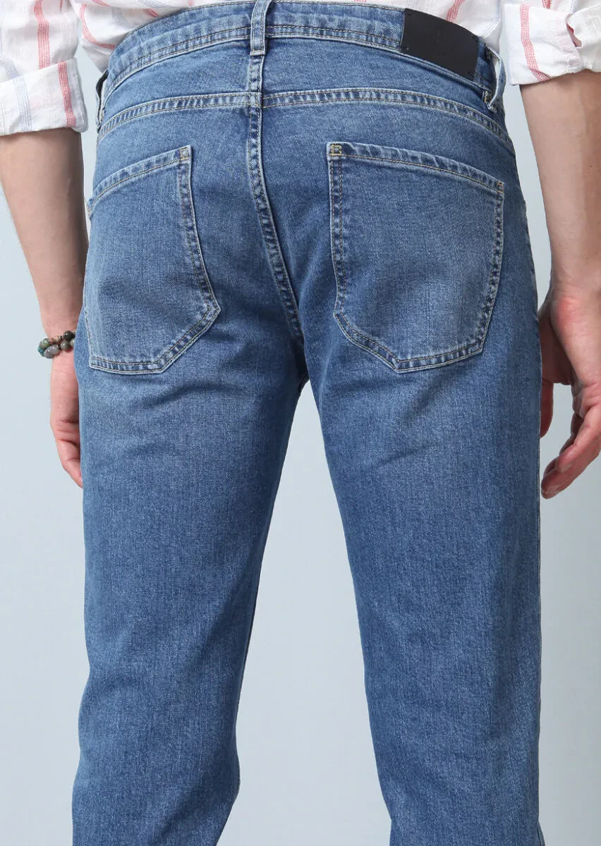 Navy Blue Slim Fit Denim Cotton Blended Trousers - 4