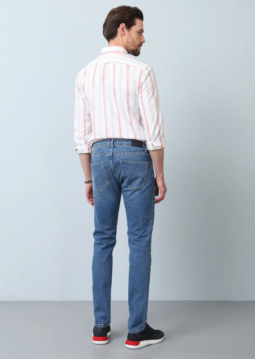 Navy Blue Slim Fit Denim Cotton Blended Trousers - 5