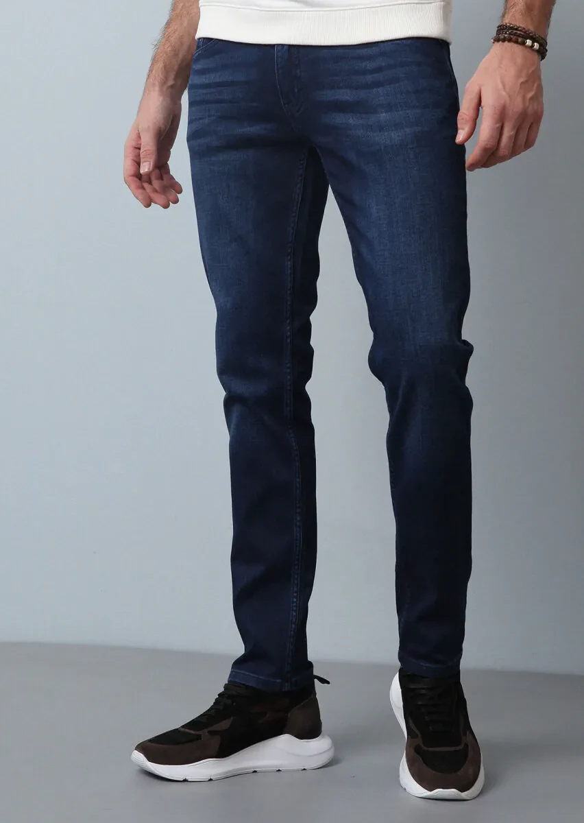 Navy Blue Slim Fit Denim Cotton Blended Trousers - 1