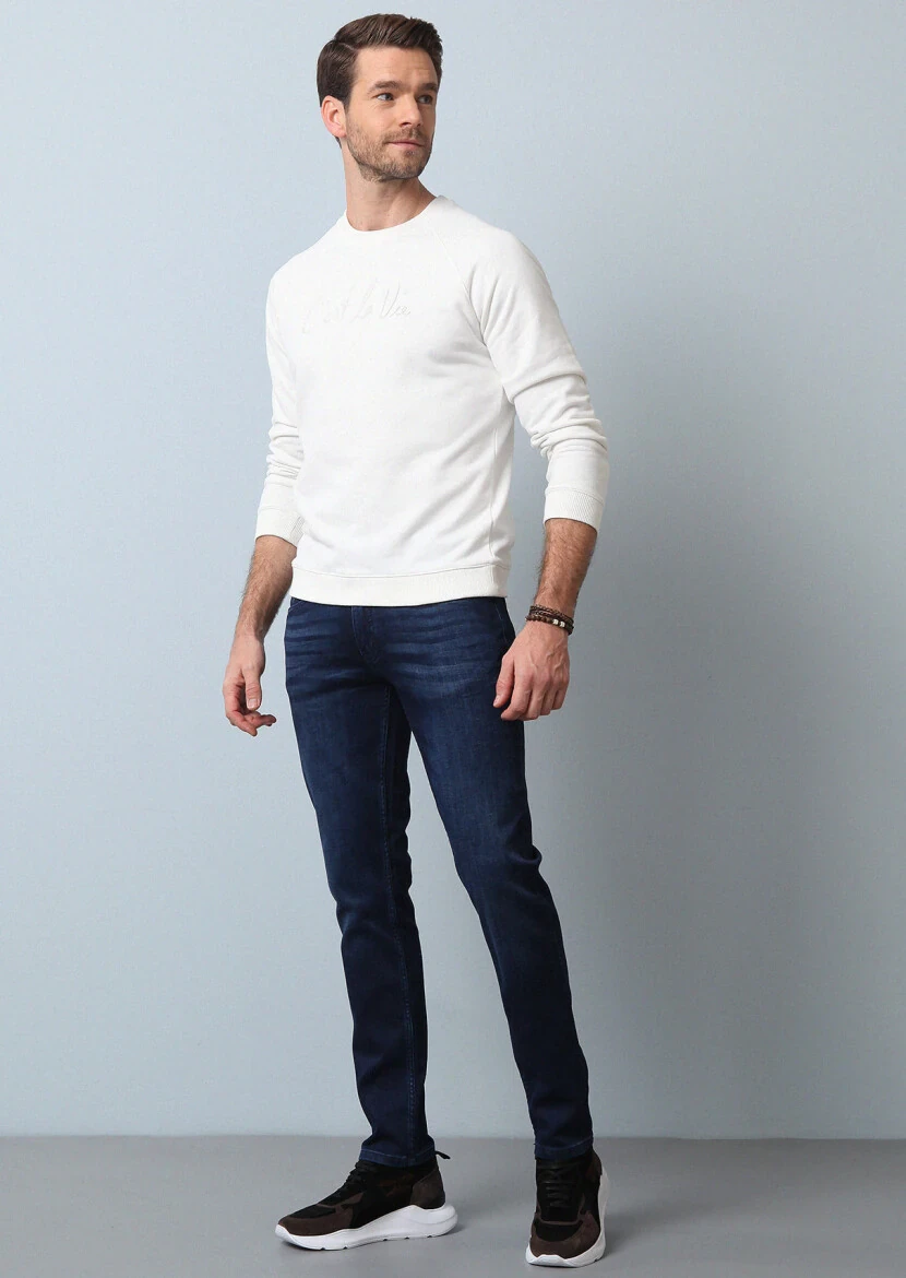 Navy Blue Slim Fit Denim Cotton Blended Trousers - 4