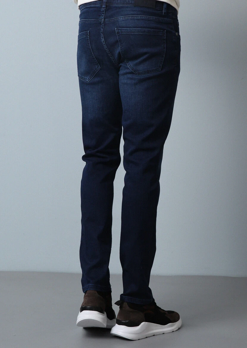 Navy Blue Slim Fit Denim Cotton Blended Trousers - 5