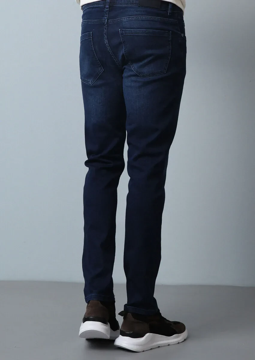 Navy Blue Slim Fit Denim Cotton Blended Trousers - 5