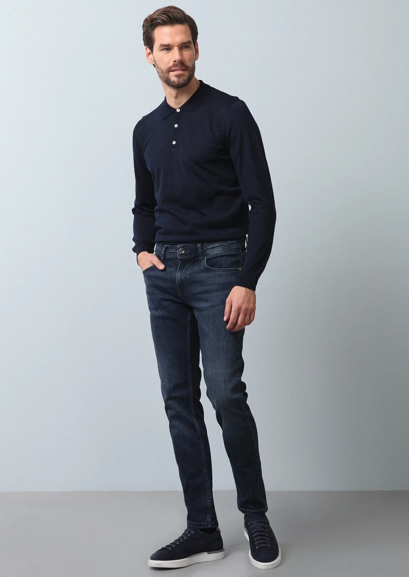 Navy Blue Slim Fit Denim Cotton Blended Trousers - 1