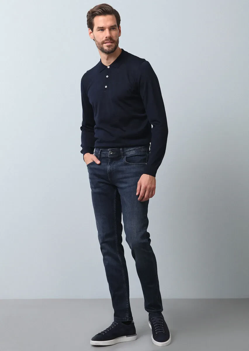 Navy Blue Slim Fit Denim Cotton Blended Trousers - 1