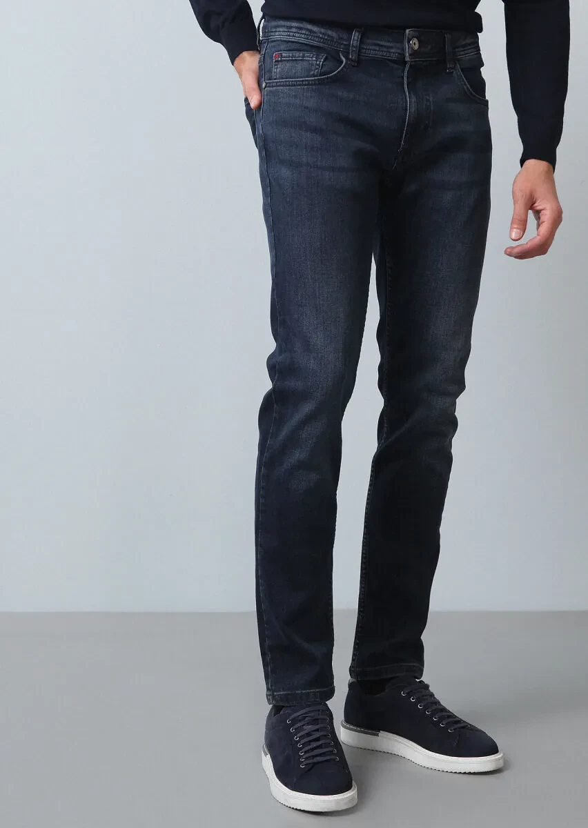 Navy Blue Slim Fit Denim Cotton Blended Trousers - 2