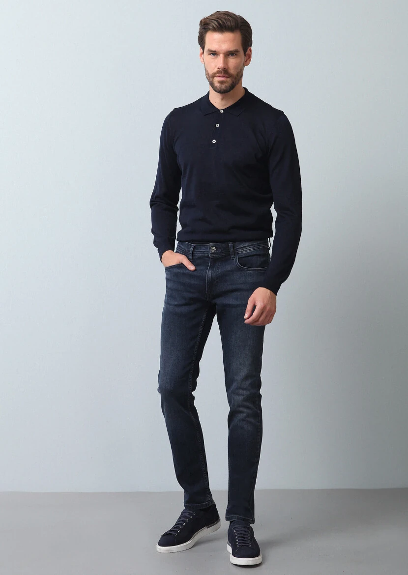 Navy Blue Slim Fit Denim Cotton Blended Trousers - 4
