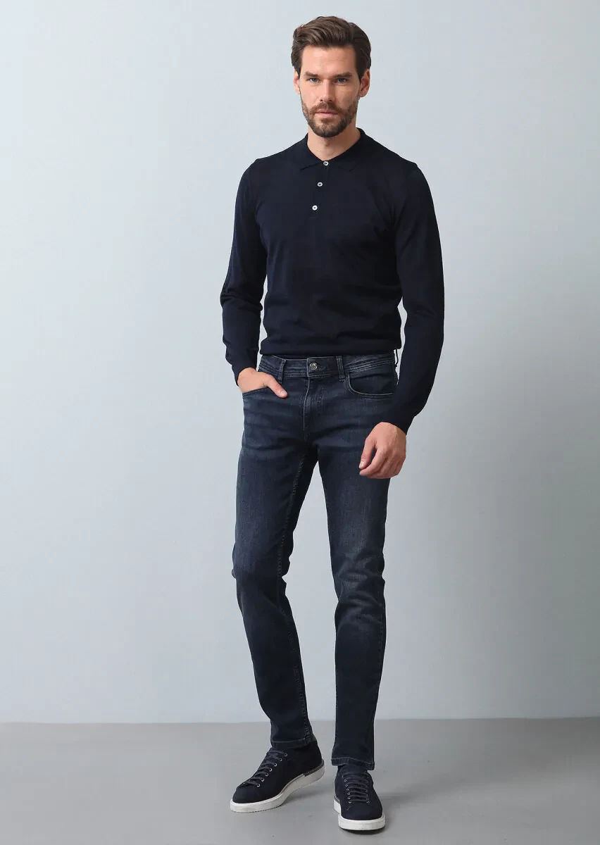 Navy Blue Slim Fit Denim Cotton Blended Trousers - 4