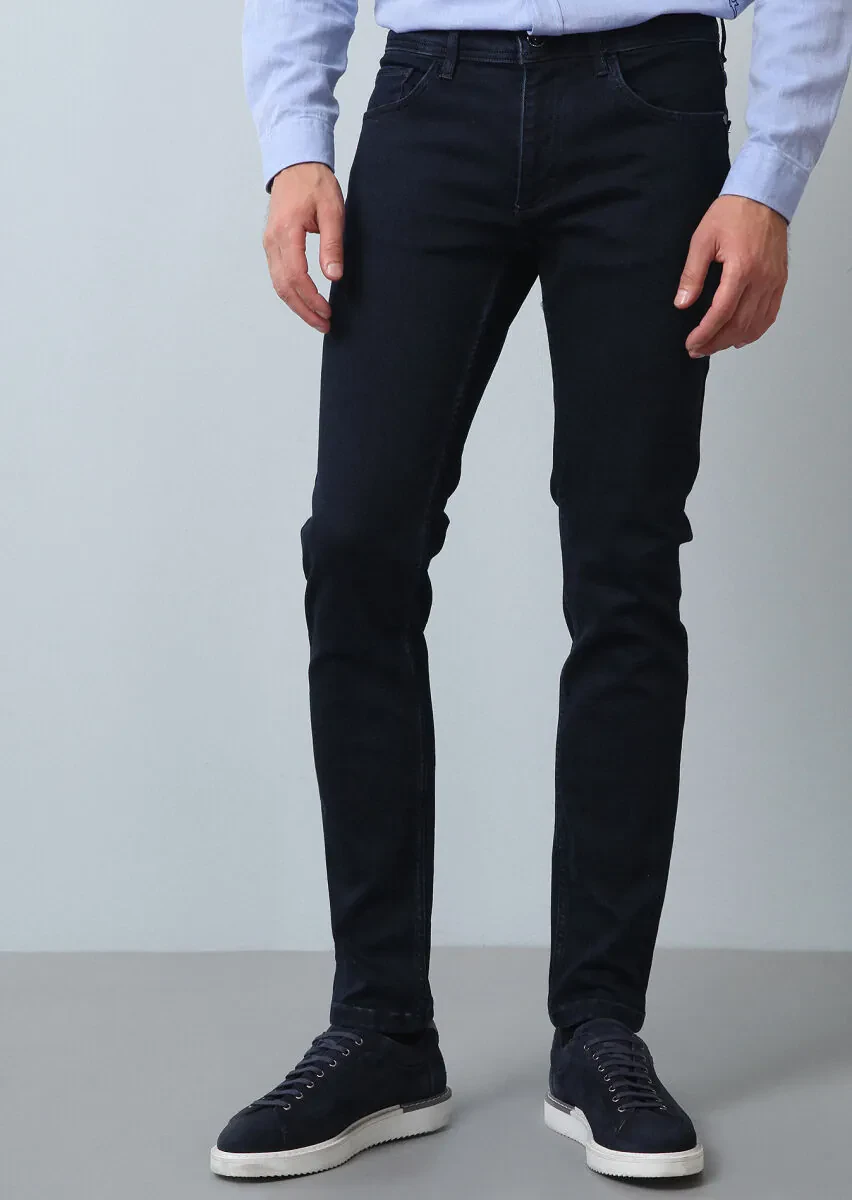 Navy Blue Slim Fit Denim Cotton Blended Trousers - 1