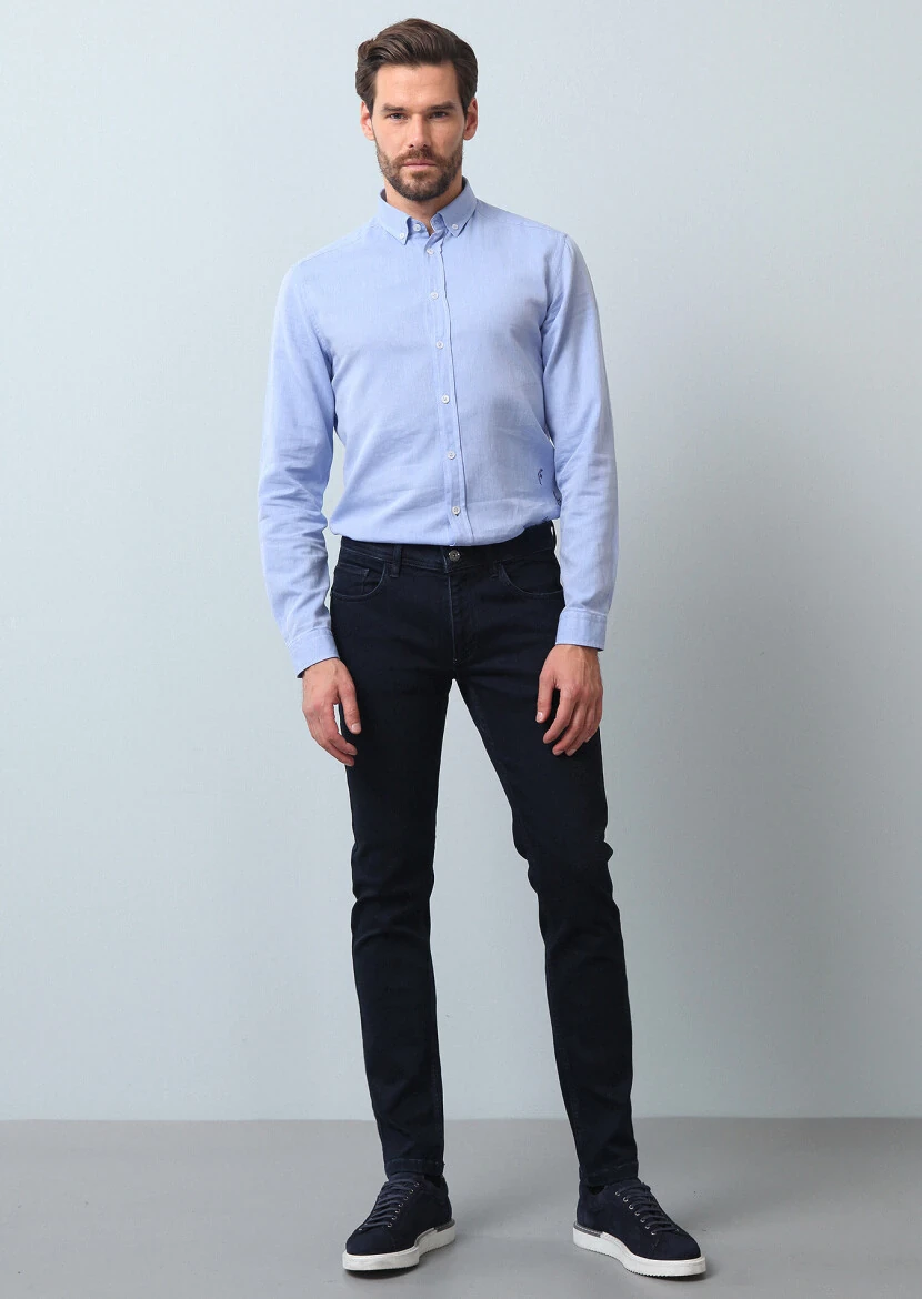 Navy Blue Slim Fit Denim Cotton Blended Trousers - 3
