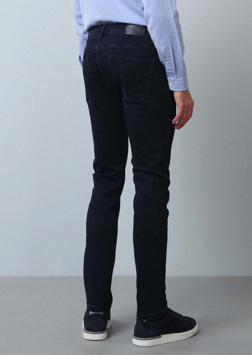 Navy Blue Slim Fit Denim Cotton Blended Trousers - 5