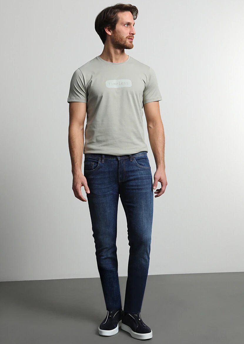 Navy Blue Slim Fit Denim Cotton Blended Trousers - 1