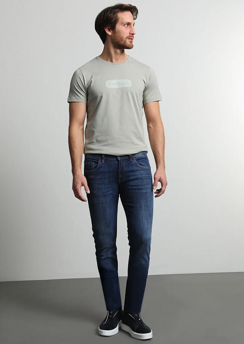 Navy Blue Slim Fit Denim Cotton Blended Trousers - 1