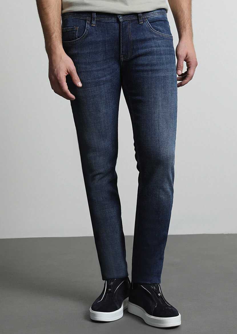 Navy Blue Slim Fit Denim Cotton Blended Trousers - 2