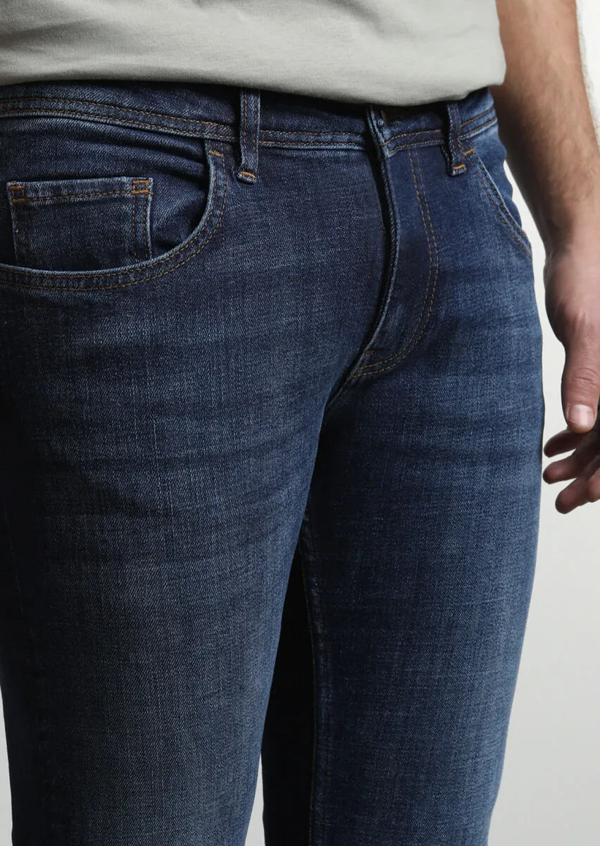 Navy Blue Slim Fit Denim Cotton Blended Trousers - 3