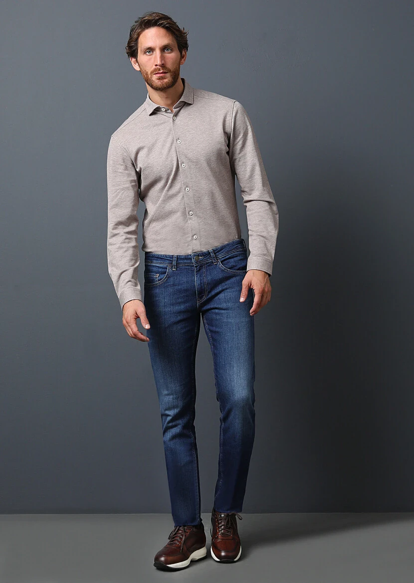 Navy Blue Slim Fit Denim Cotton Blended Trousers - 1