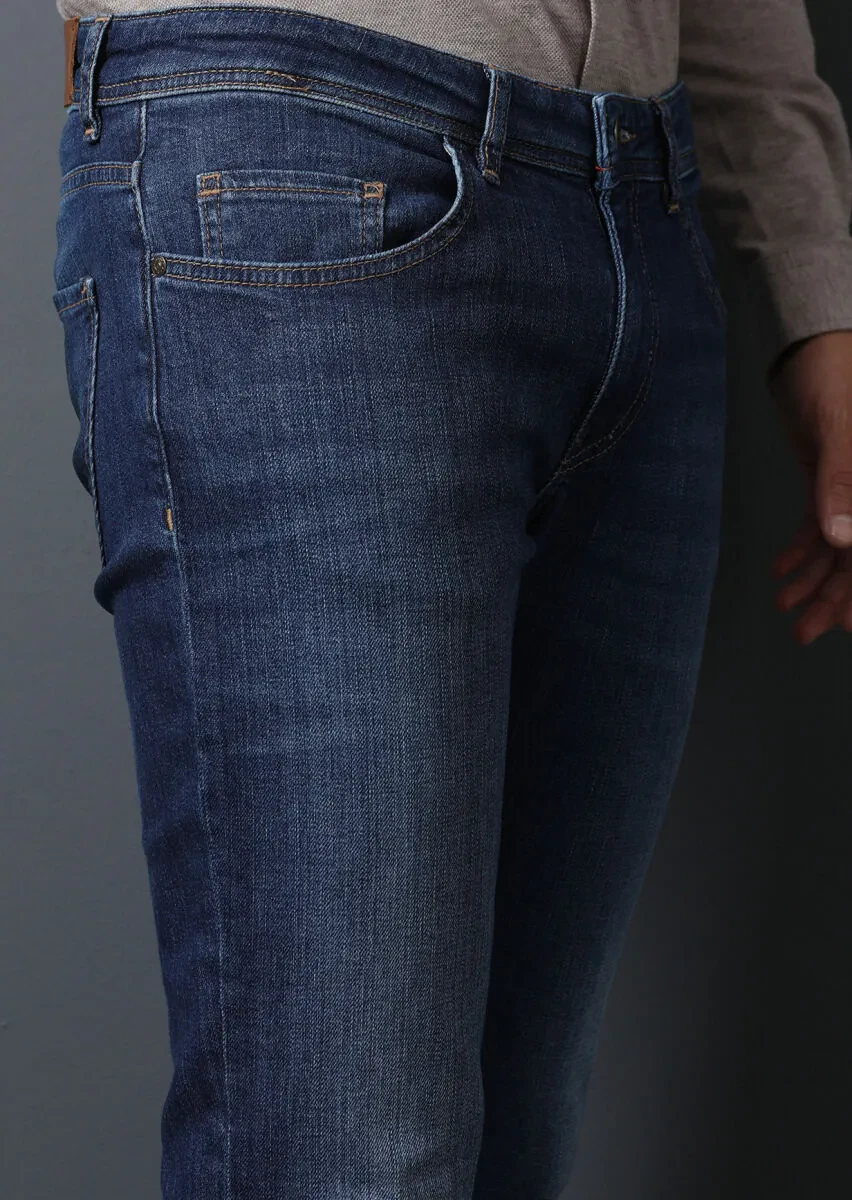 Navy Blue Slim Fit Denim Cotton Blended Trousers - 3