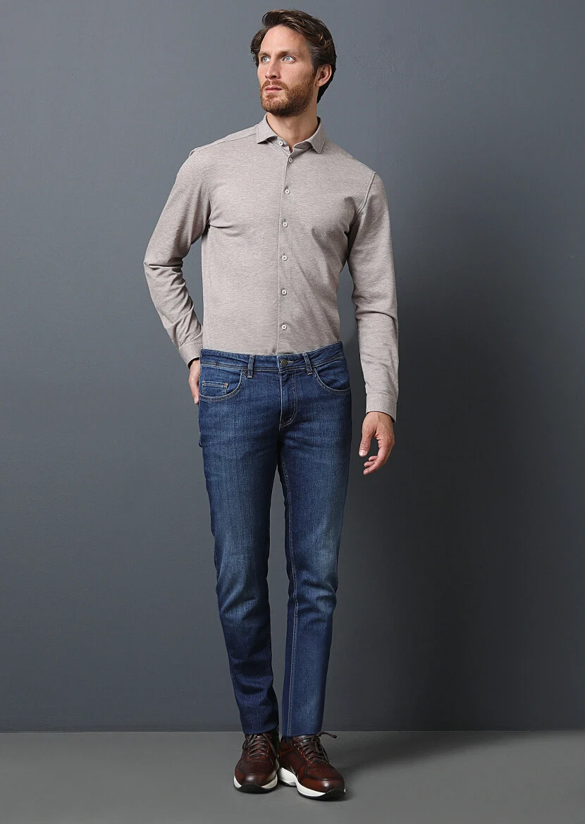 Navy Blue Slim Fit Denim Cotton Blended Trousers - 4