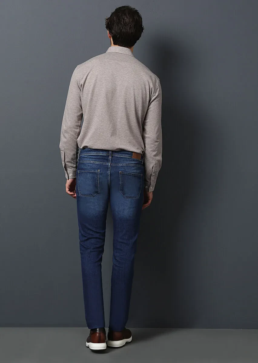 Navy Blue Slim Fit Denim Cotton Blended Trousers - 5