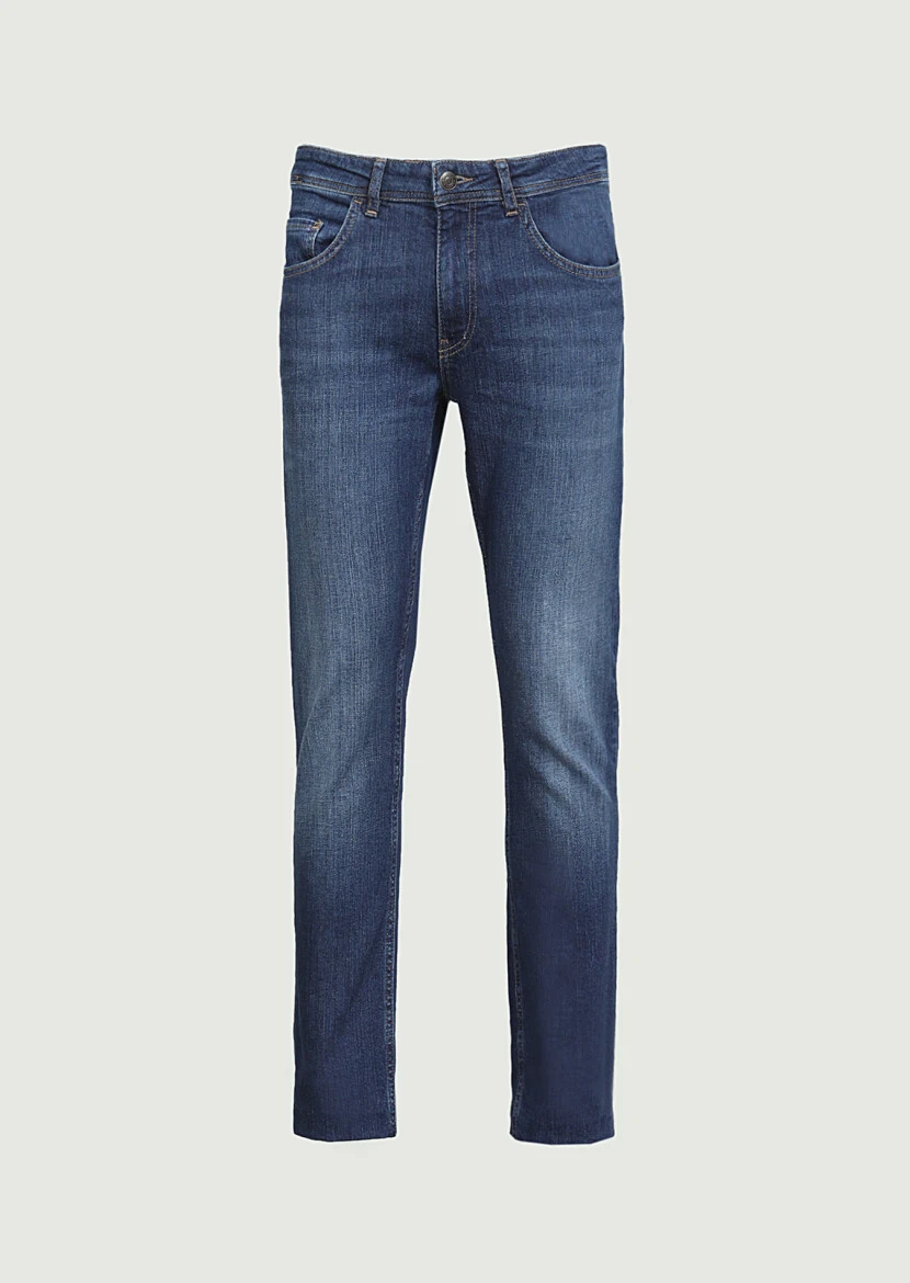 Navy Blue Slim Fit Denim Cotton Blended Trousers - 6