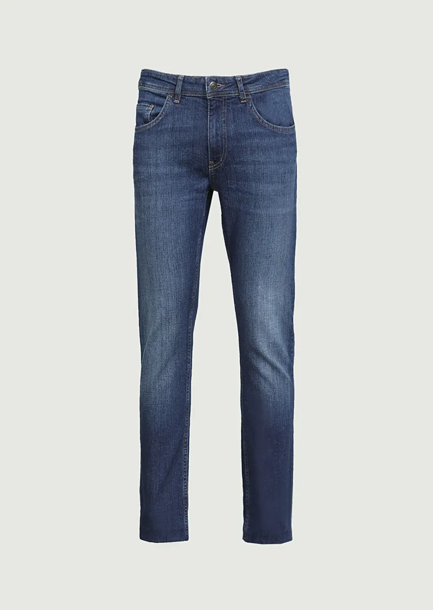 Navy Blue Slim Fit Denim Cotton Blended Trousers - 6