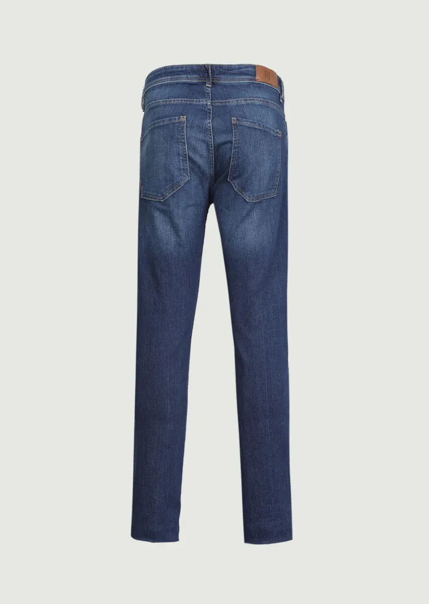 Navy Blue Slim Fit Denim Cotton Blended Trousers - 7