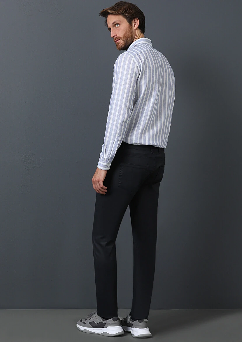 Navy Blue Slim Fit Denim Cotton Blended Trousers - 5