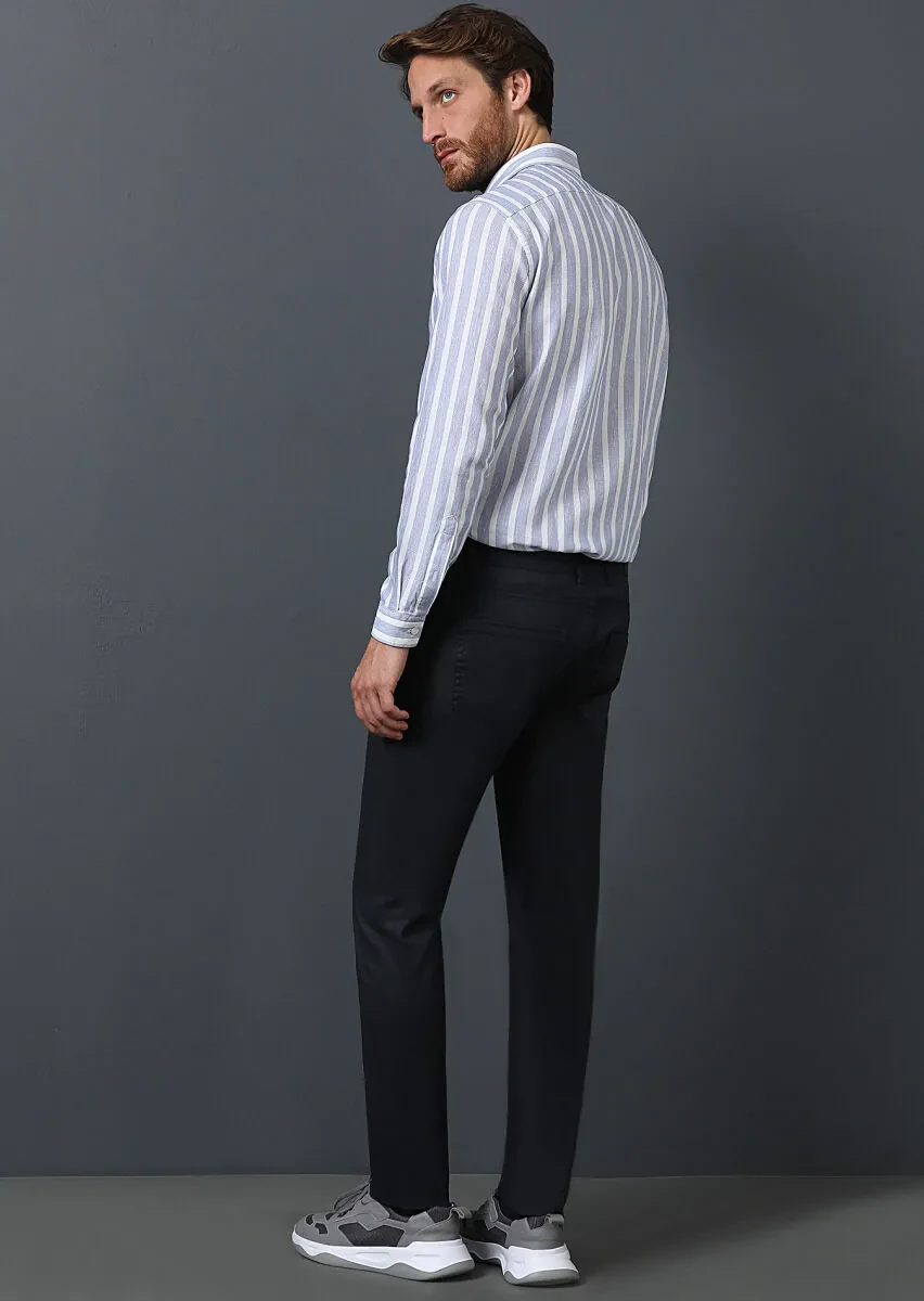 Navy Blue Slim Fit Denim Cotton Blended Trousers - 5