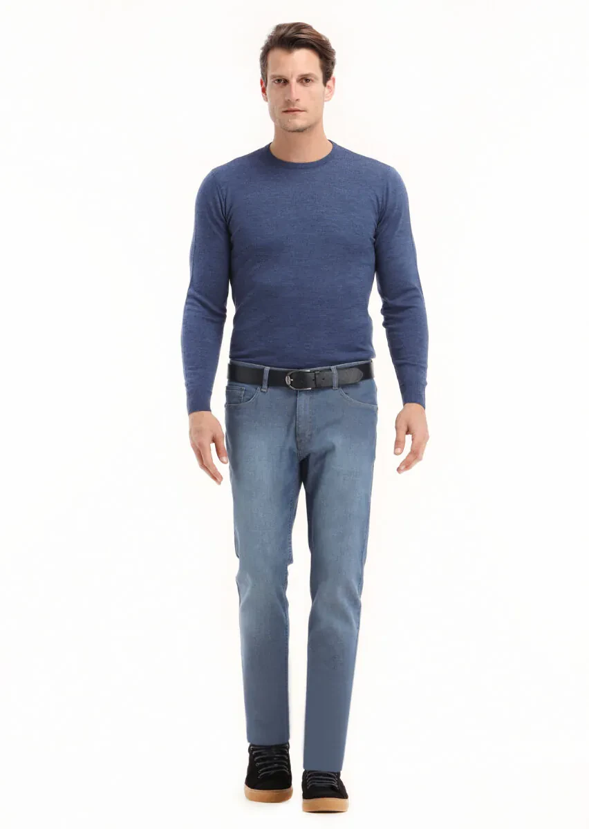 Navy Blue Slim Fit Denim Cotton Blended Trousers - 1
