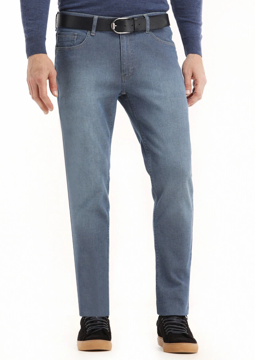 Navy Blue Slim Fit Denim Cotton Blended Trousers - 2