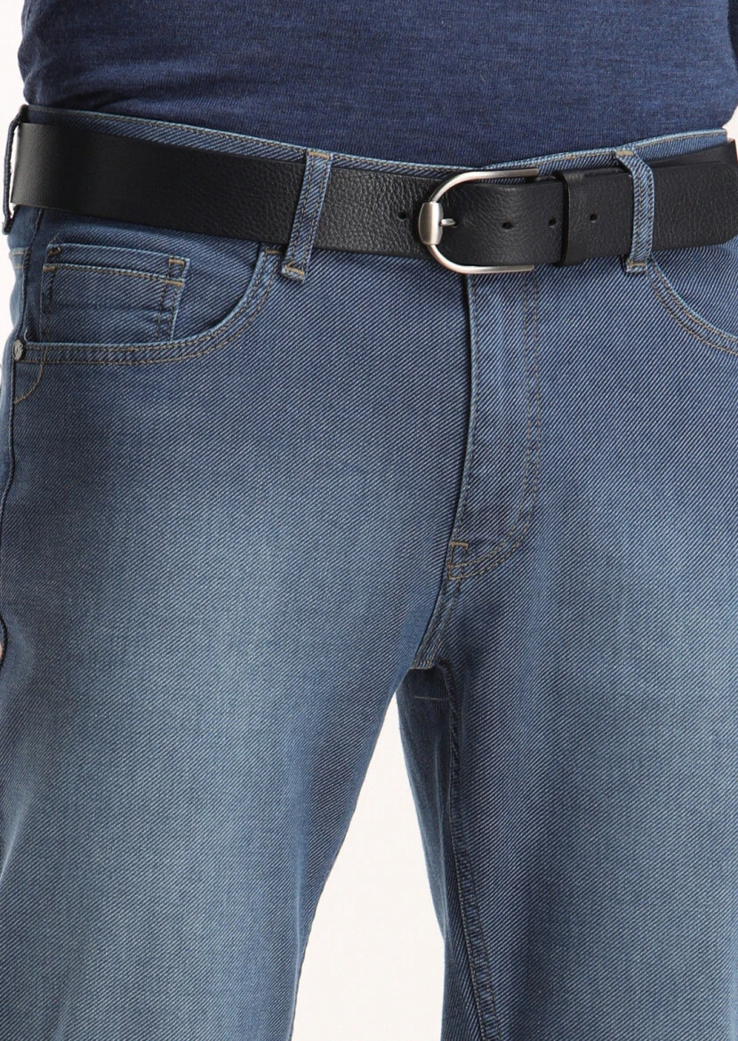 Navy Blue Slim Fit Denim Cotton Blended Trousers - 3