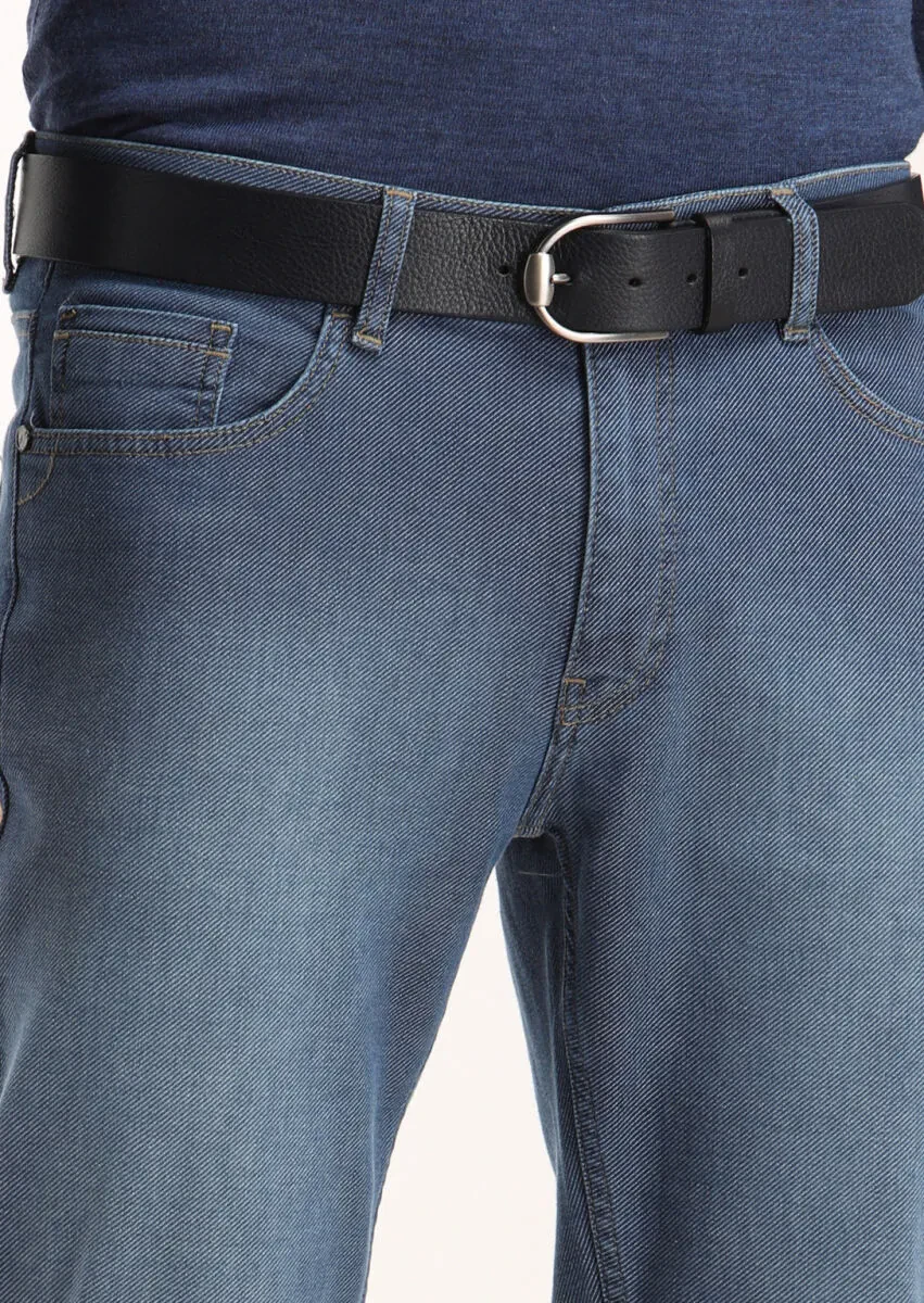 Navy Blue Slim Fit Denim Cotton Blended Trousers - 3