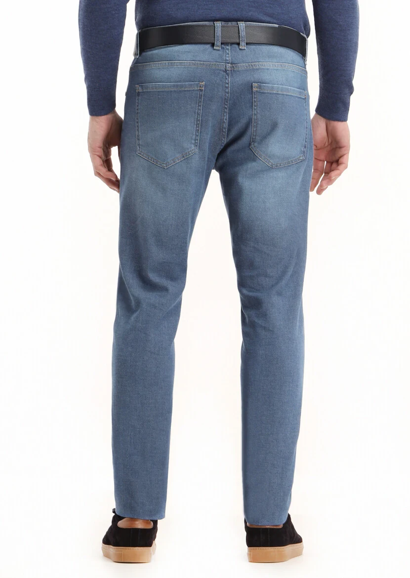 Navy Blue Slim Fit Denim Cotton Blended Trousers - 4