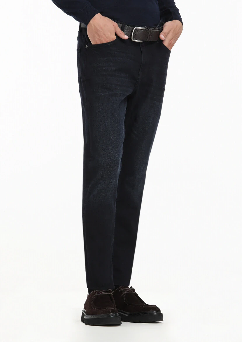 Navy Blue Slim Fit Denim Cotton Blended Trousers - 1