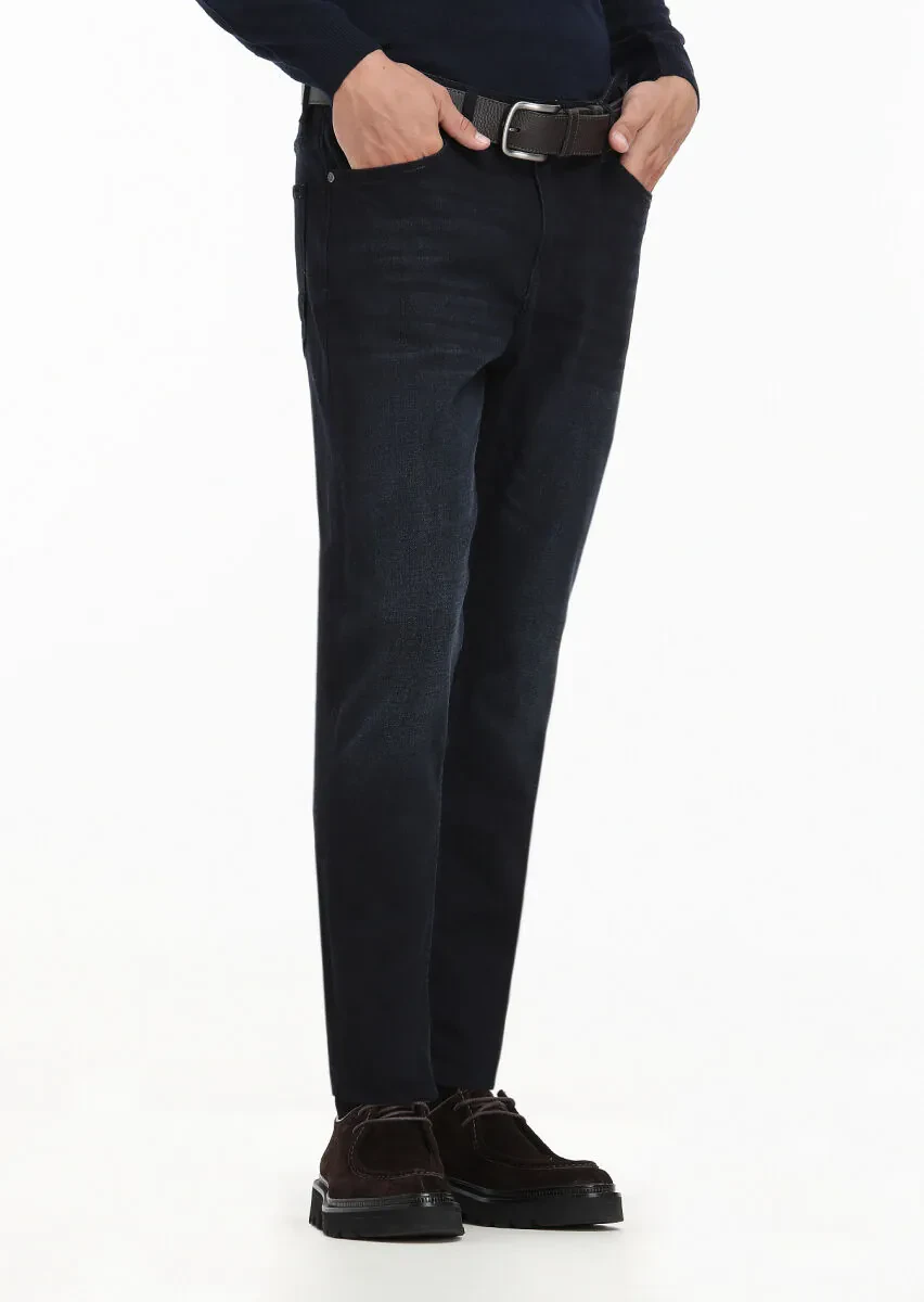 Navy Blue Slim Fit Denim Cotton Blended Trousers - 1