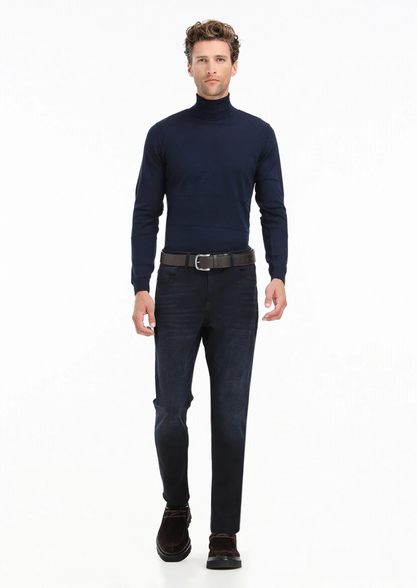 Navy Blue Slim Fit Denim Cotton Blended Trousers - 2