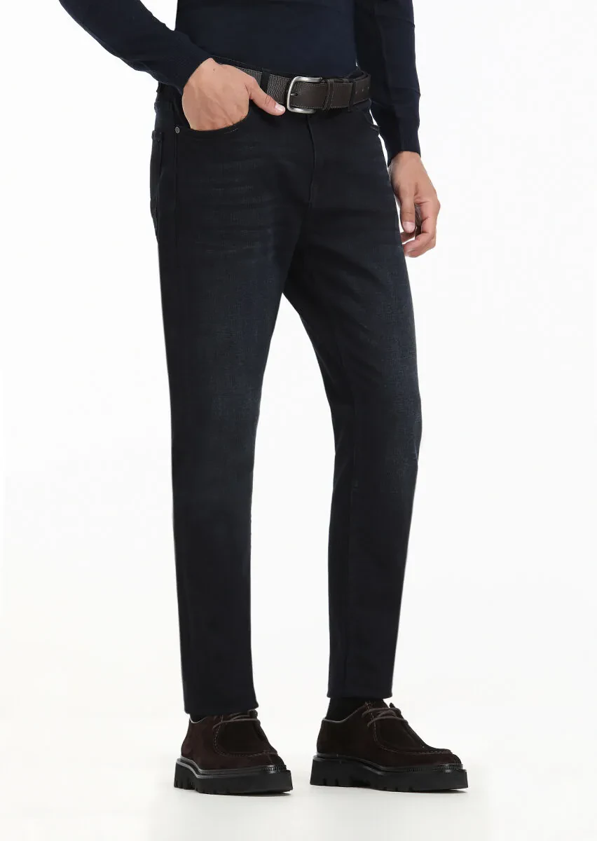 Navy Blue Slim Fit Denim Cotton Blended Trousers - 3