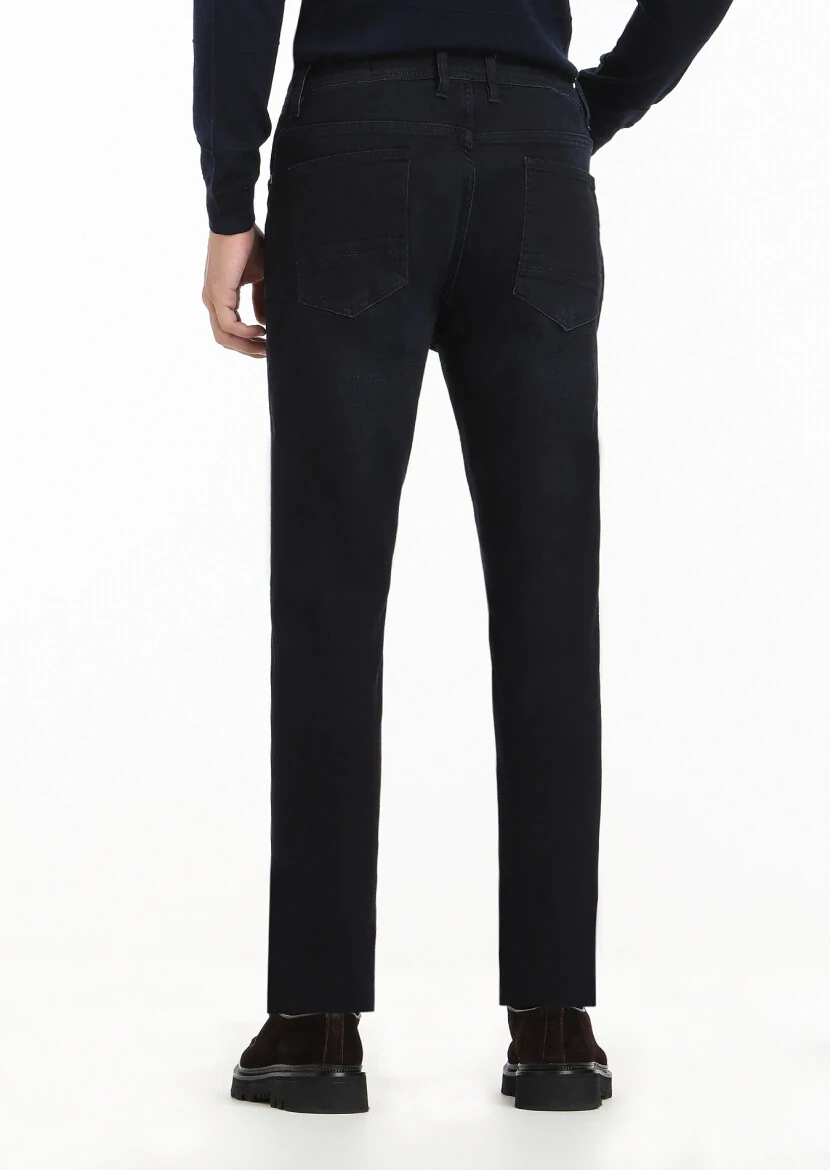 Navy Blue Slim Fit Denim Cotton Blended Trousers - 5